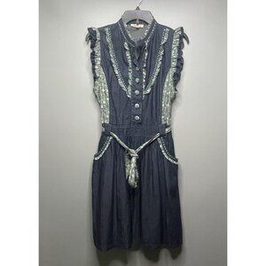 Freelance Chambray Peasant Floral Ruffle Dress Blue L